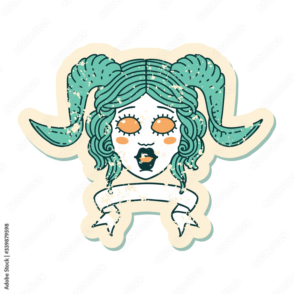tiefling character face with scroll banner illustration tiefling character face with scroll banner illustration