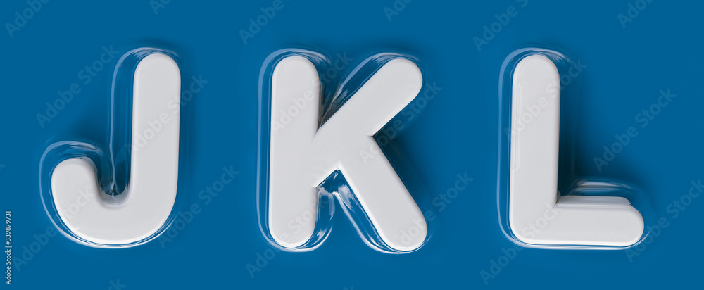 Plasticized Letters J, K, L. Vacuum packed alphabet. white plastic letters on blue background. 3D render. Plastic transparent. Plasticized Letters J, K, L. Vacuum packed alphabet. white plastic letters on blue background. 3D render. Plastic transparent.