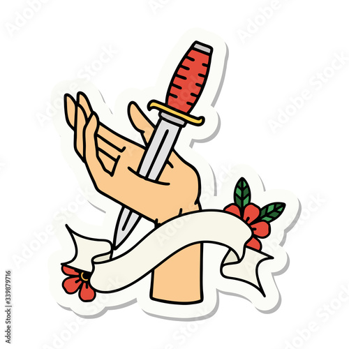 tattoo sticker with banner of a dagger in the hand