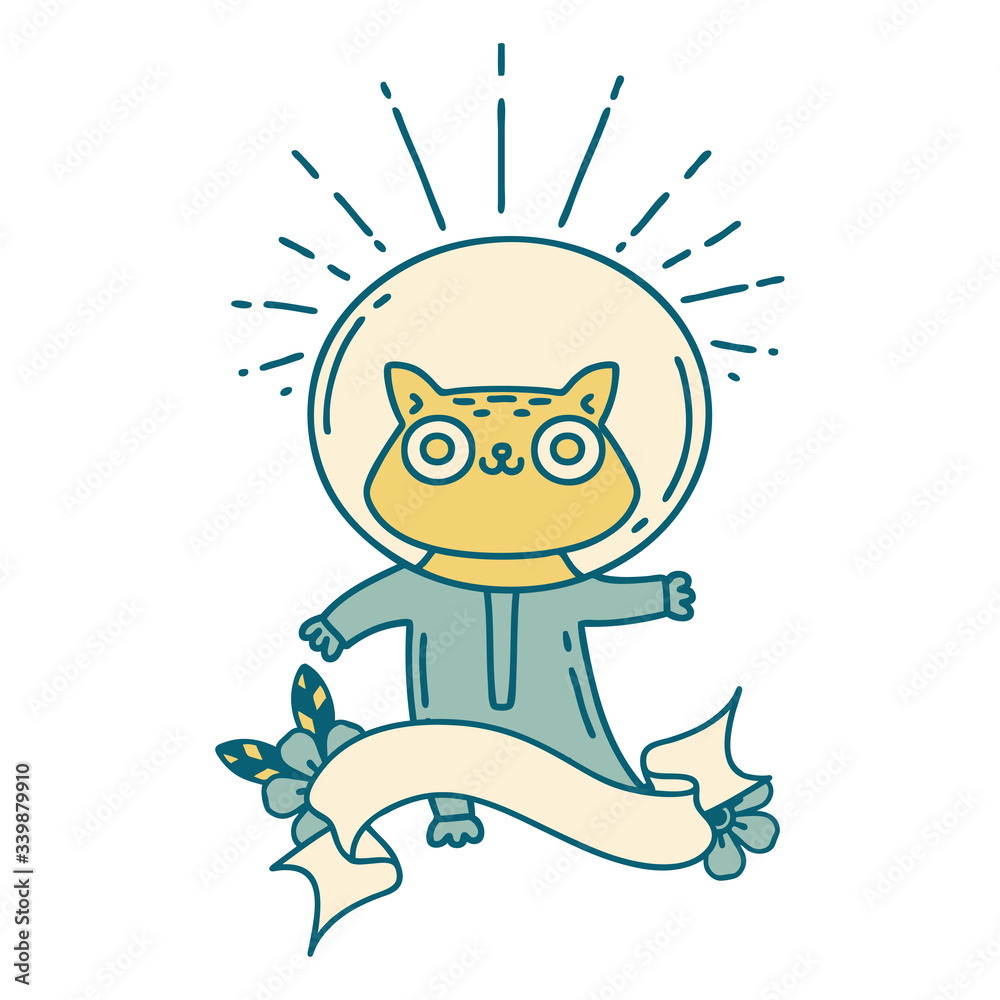 Fototapeta premium banner with tattoo style cat in astronaut suit