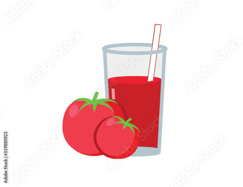 Tomato juice in a glass with a straw and tomatoes isolated on a white background. Vector icon.