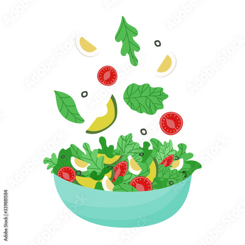 Healthy salad with avocado, cucumber, tomato, green leaves, olives, lettuce in blue bowl isolated on white background. Vector illustration.