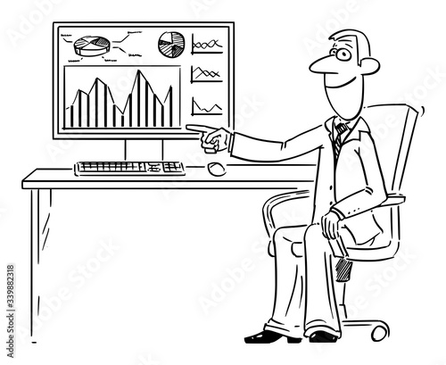 Vector funny comic cartoon drawing of businessman or man working in office on computer and pointing at financial graph,diagram or chart on display or screen.