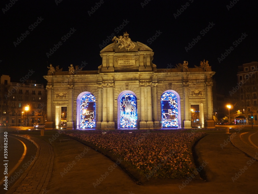 Madrid, Alcalá Place, illuminated at night, on Christmas