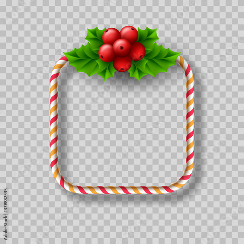 Christmas transparent background with square frame made of candy cane and holly berries