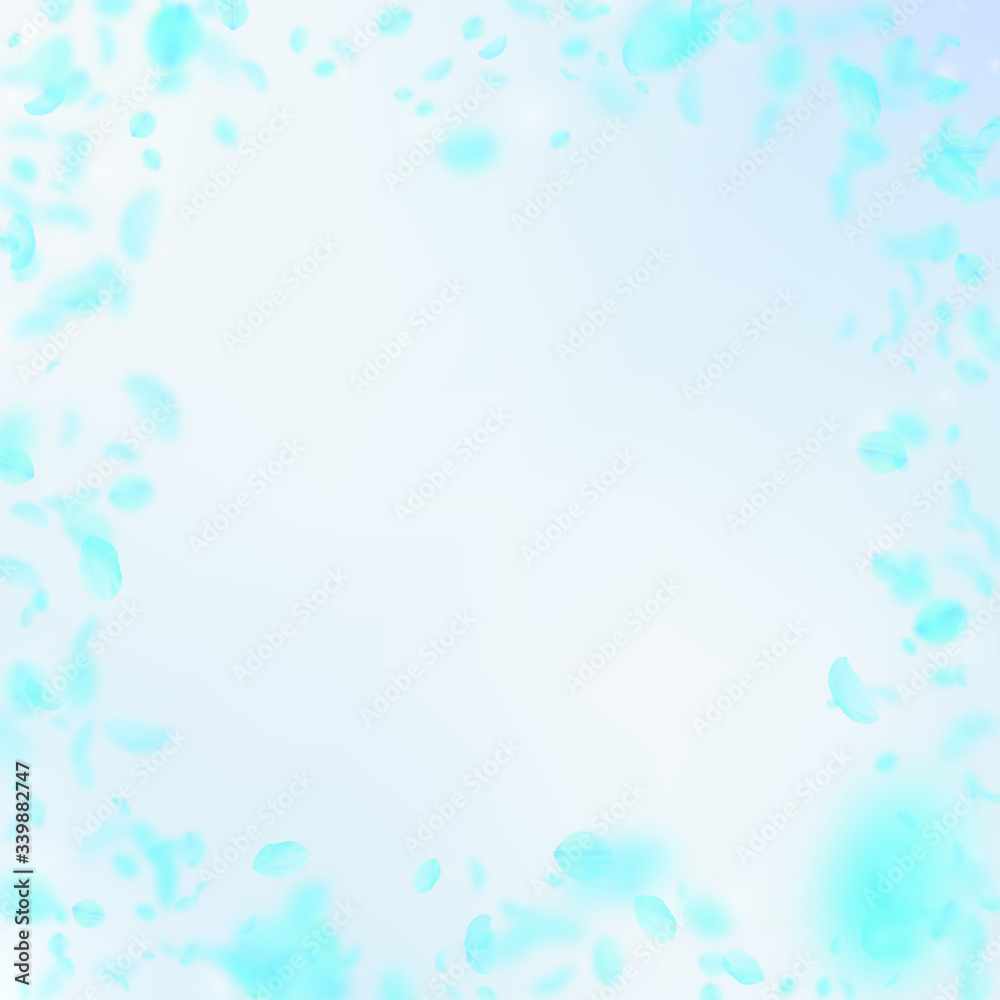 Turquoise flower petals falling down. Mesmeric rom Turquoise flower petals falling down. Mesmeric rom