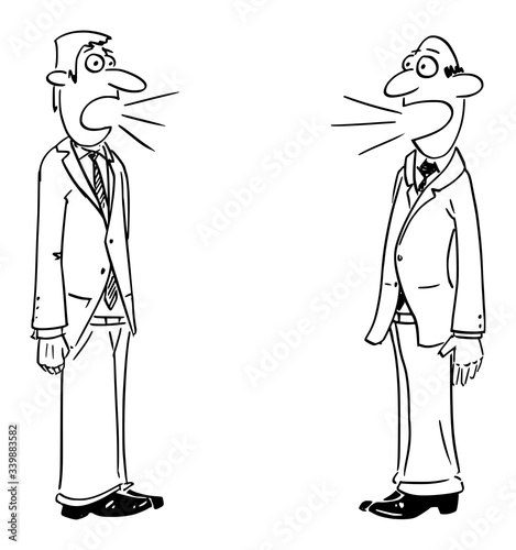 Vector funny comic cartoon drawing of two businessmen or men talking. Concept of discussion or communication.