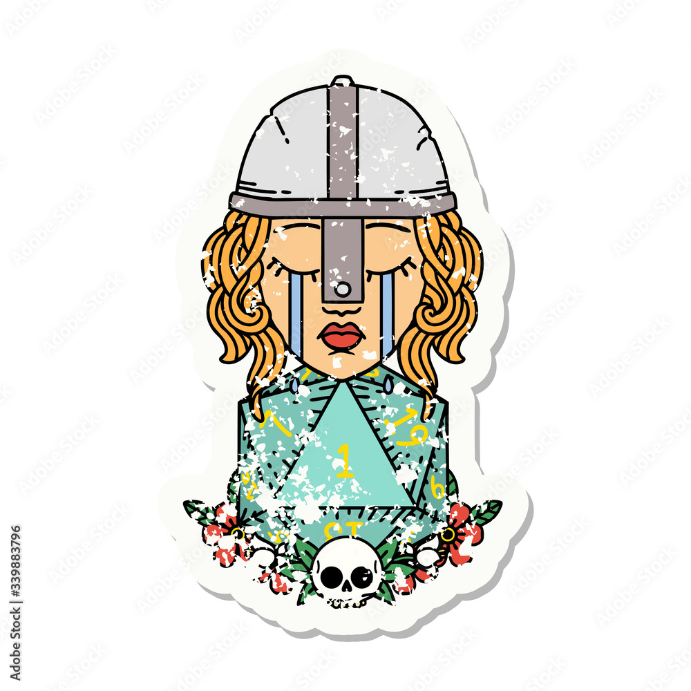 crying human fighter with natural one D20 roll grunge sticker crying human fighter with natural one D20 roll grunge sticker