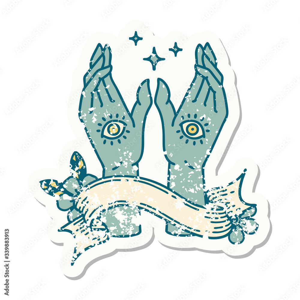 grunge sticker with banner of mystic hands grunge sticker with banner of mystic hands