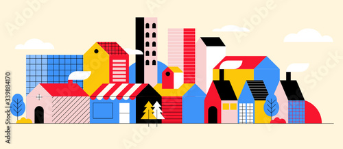 Set de vectores de casas en ciudad con árboles planos y coloridos edificios photo