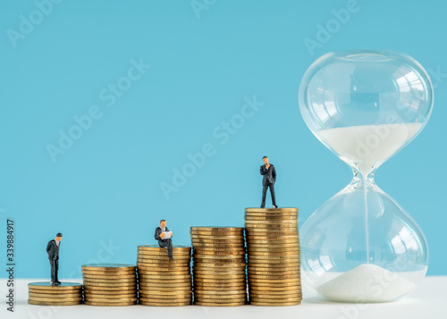 miniture model about Time and Business strategy., money saving, banking deposit, investment services business and Time management.