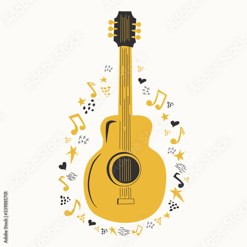 Acoustic guitar surrounded by notes, the inscription Love Music, Country Music. Country Cowboy Music Festival Creative Event Live Event Poster Concept