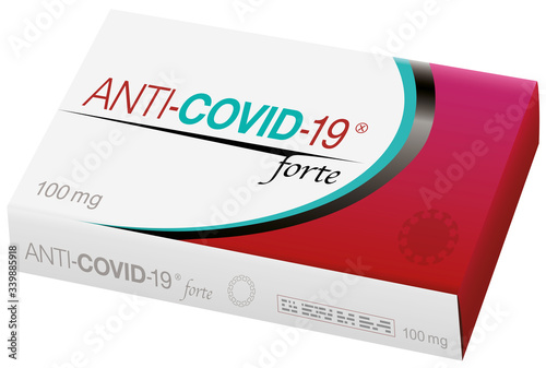 Pills named ANTI COVID 19, a medical fake product concerning coronavirus infection, business of big pharma industry. Isolated vector illustration on white background.
