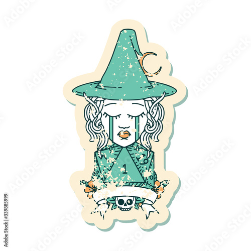 crying elf mage character with natural one dice roll illustration