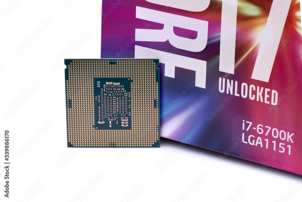GLALTI, ROMANIA, November 04, 2016: Close-up of Intel Core i7-6700K with  box isolated on white background. Founded in 1968, Intel is one of the  worlds largest semiconductor chip makers. Stock Photo