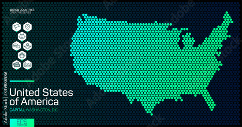 Abstract map of United States of America with hexagon cells with country data icons. Editabled stroke