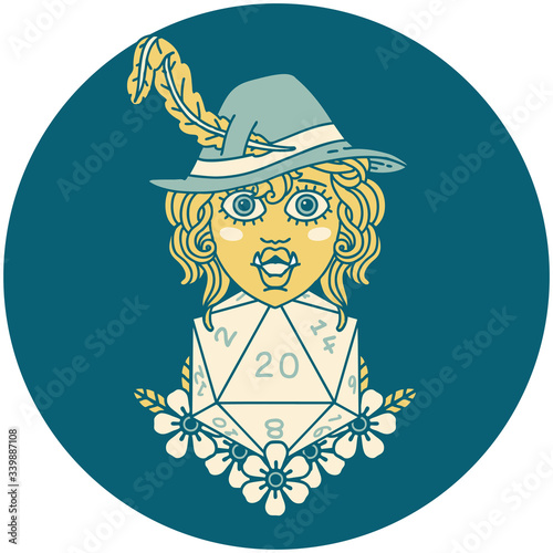 half orc bard with natural twenty dice roll  illustration