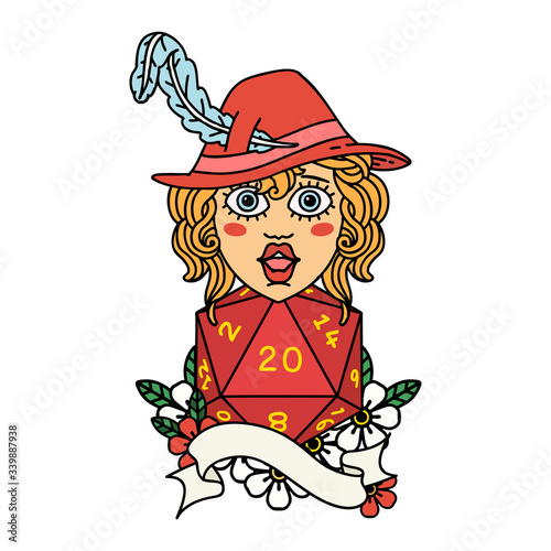human bard with natural twenty dice roll illustration