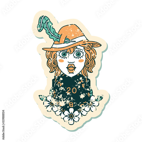 human bard with natural 20 dice roll grunge sticker