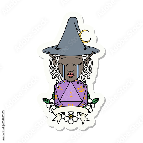 crying elf mage character with natural one dice roll sticker