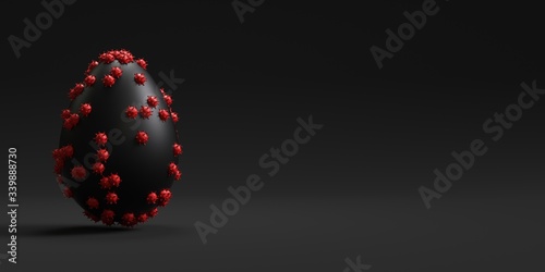 3D visualization. Happy Easter. 3d egg with viruses and text on a black background.