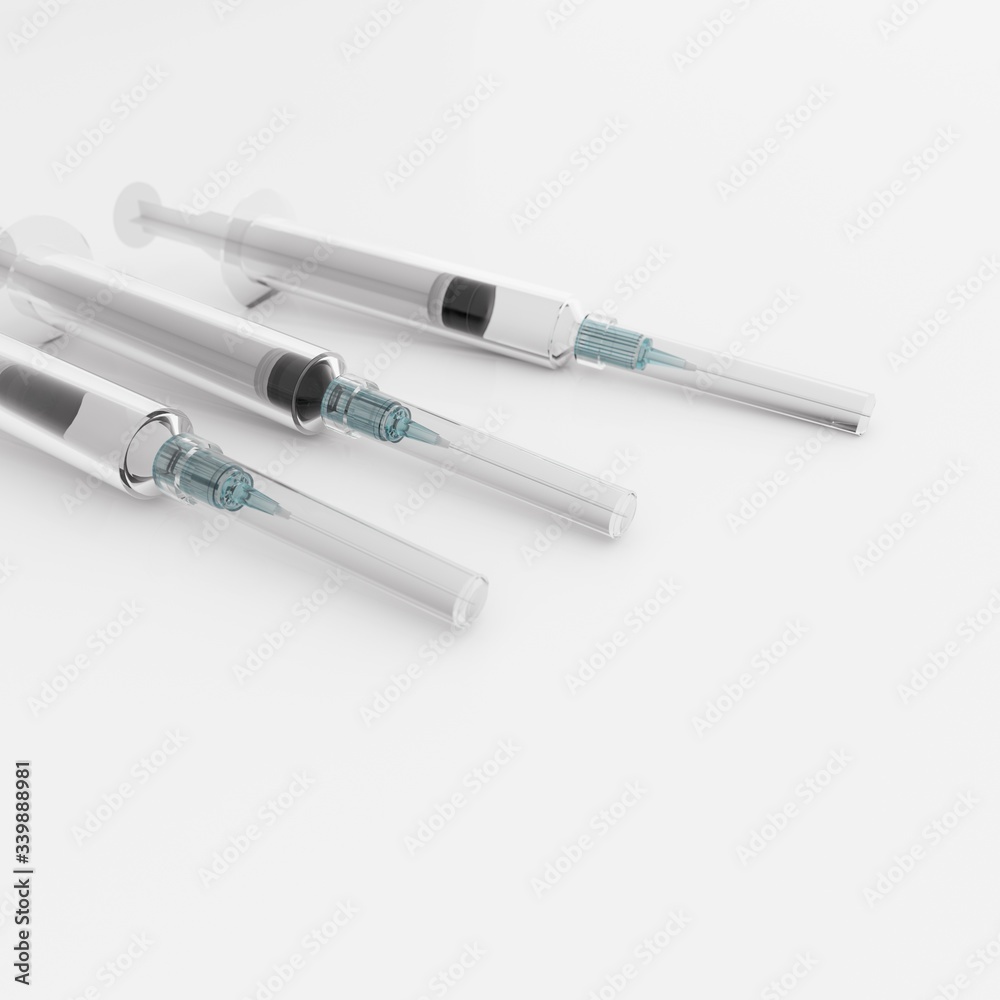 3D render. Three syringes on a white background. Syringes without a scale and numbers. 3D render. Three syringes on a white background. Syringes without a scale and numbers.
