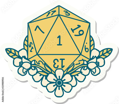 natural one dice roll with floral elements sticker