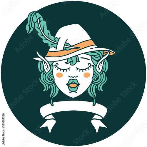 singing elf bard character face with banner icon