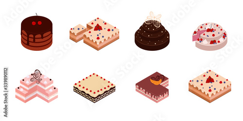Cake with a bitten bite. Set of cakes cut for wedding and birthday. Chocolate cake slice, delicious sliced birthday pie and tasty pink glaze cake. Baking food