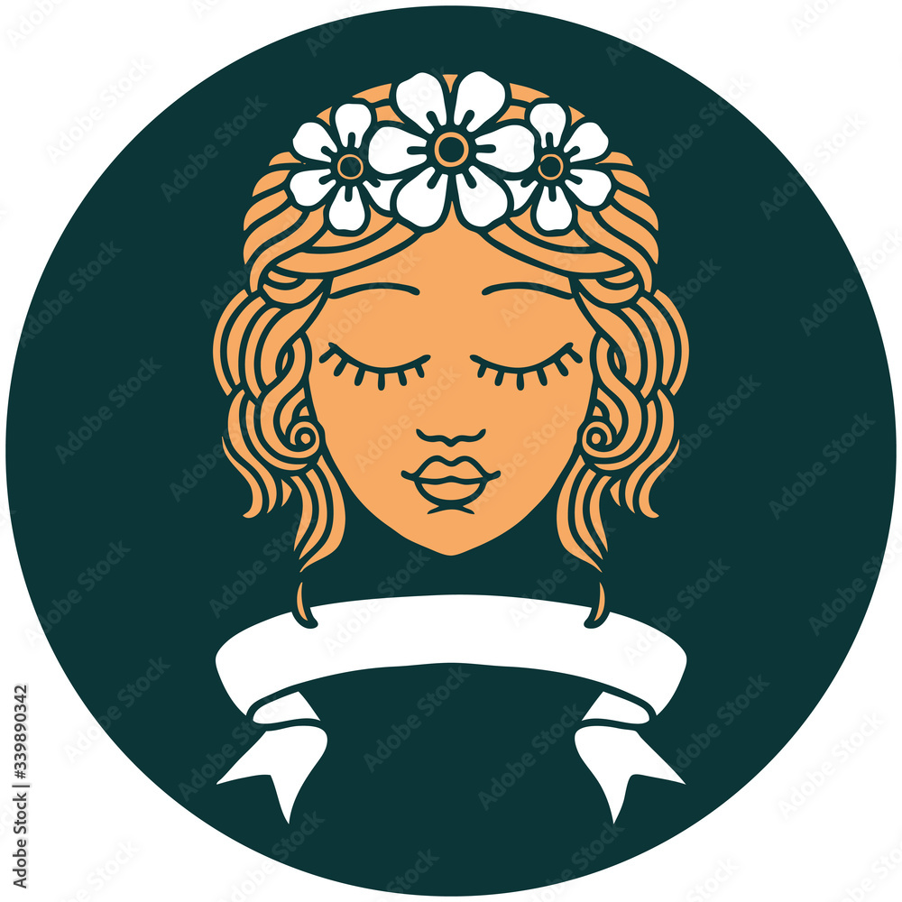 icon with banner of female face with eyes closed icon with banner of female face with eyes closed