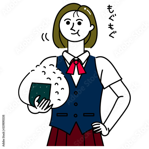 制服を着た女子　おにぎり