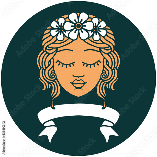 icon with banner of female face with eyes closed
