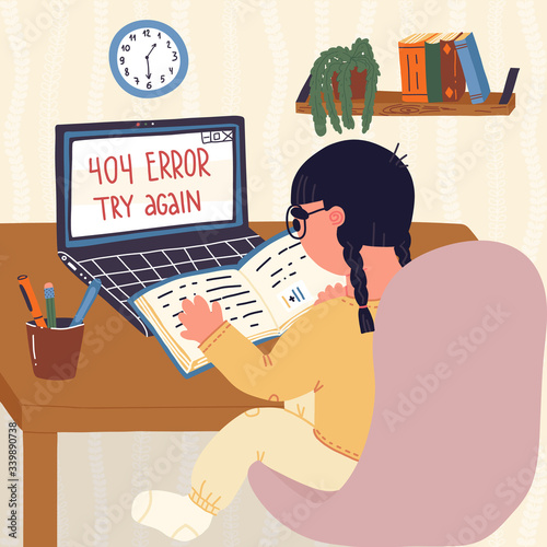 Little girl pupil of elementary school can't doing homework online because of server crash and she reading paper schoolbook. Home learning, online education because of Covid-19 self-isolation concept.