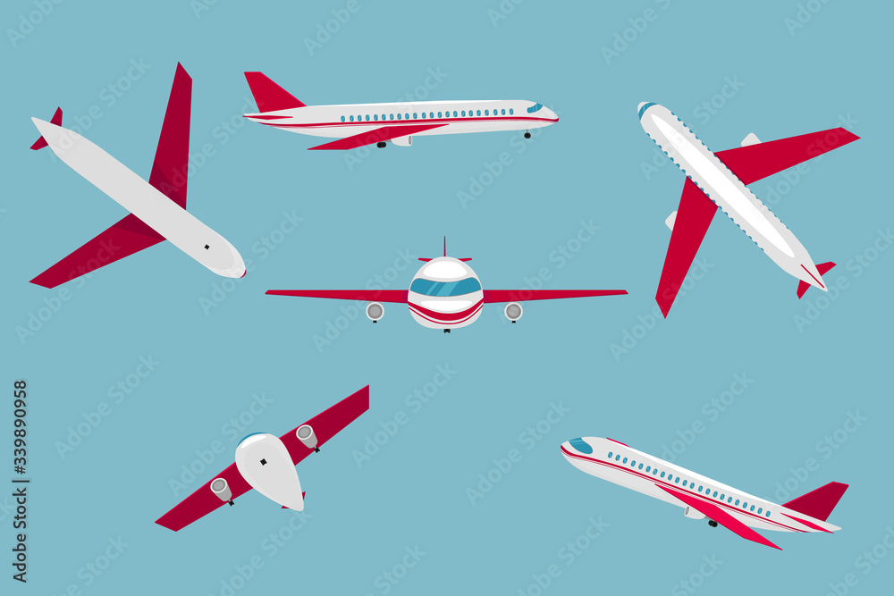 Set of aircraft from different angles. Aircraft flight travel, aviation