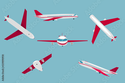 Set of aircraft from different angles. Aircraft flight travel, aviation wings and landing airplanes, plane front flights in air.