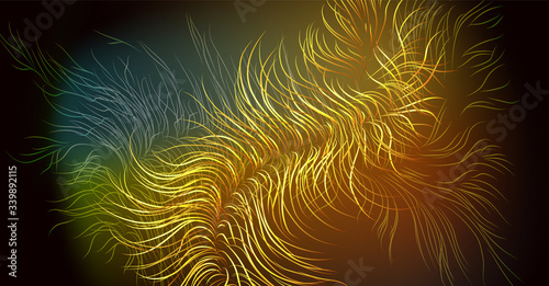 Vector background abstract image in trendy black color with multi-colored luminous elements and incredible gradients of wavy lines