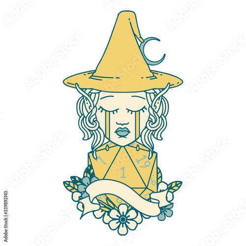 crying elf mage character face with natural one D20 roll illustration