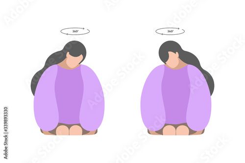 Vector isolated flat illustration. Neck exercises by girl fwith head rotation in different directions. Creative concept. Purple colors. White background