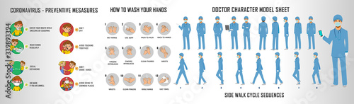 Doctor charater model sheet and walk cycle animation sequence for infographics New coorna virus Symptoms of preventive measures