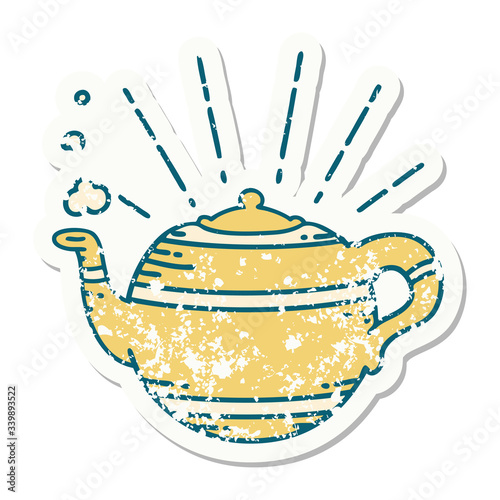 grunge sticker of tattoo style steaming teapot