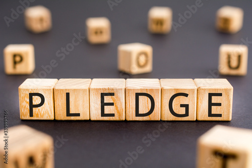 Pledge - word from wooden blocks with letters, deposit, guarantee, bail, promise, pledge concept, random letters around white background photo
