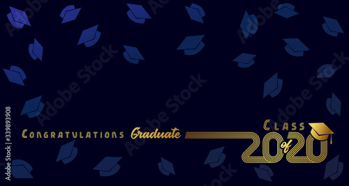 Class of 2020, congratulation graduate, gold lines design. Vector graduation illustration 2020 in golden academic cap on dark blue background with flying hats photo