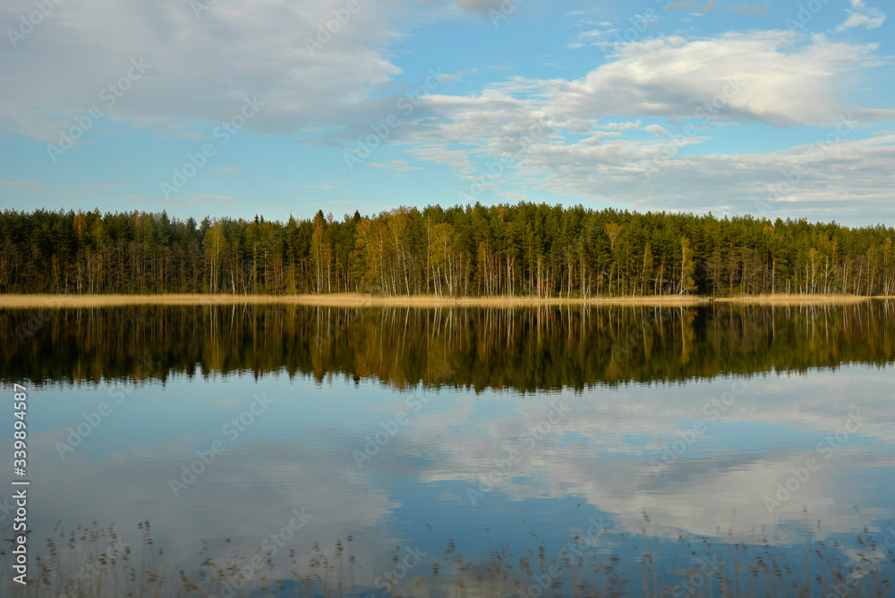 Lake Saimaa reflects blue cloudy sky, green forest on the other side of lake.