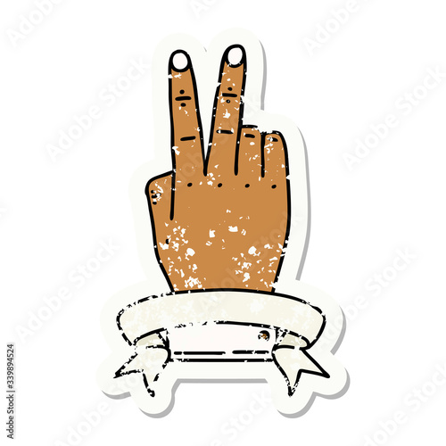 victory v hand gesture with banner illustration