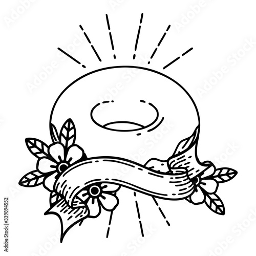 banner with black line work tattoo style iced donut