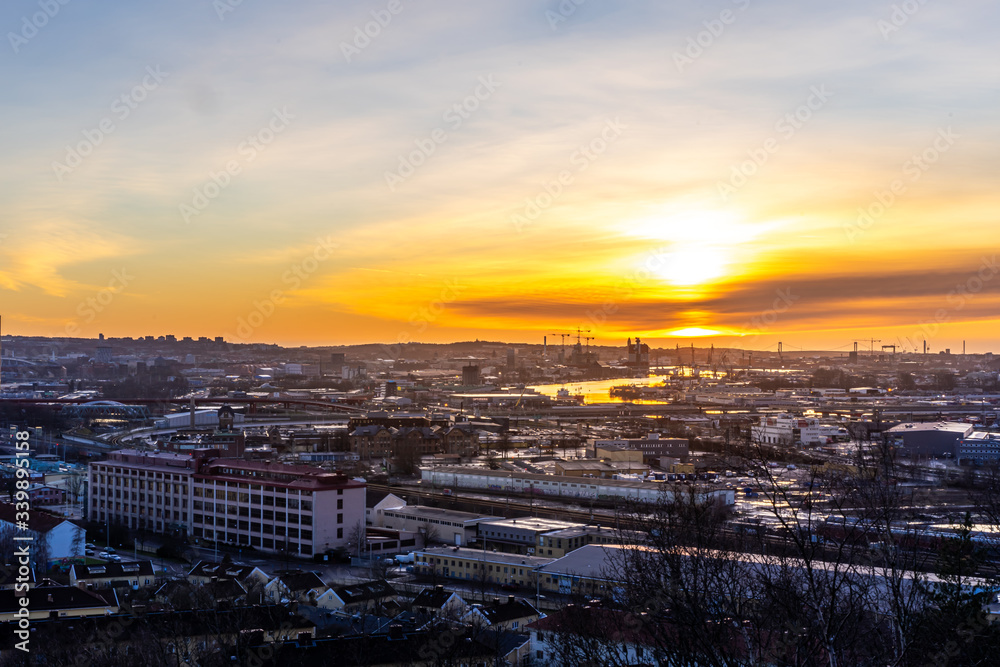 Beatiful yellow sunset over the city of Gothenburg.