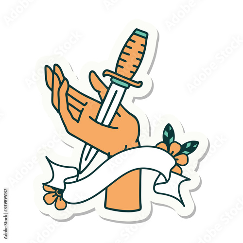 tattoo sticker with banner of a dagger in the hand