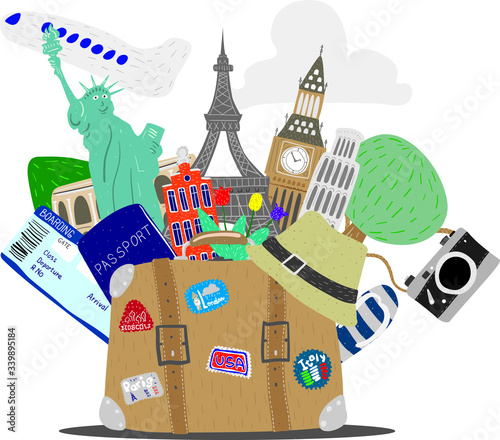 Old traveler's suitcase with stickers and attractions, vector