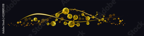 Horizontal composition of dynamic golden molecules and neon elements. Abstract background. Vector illustration isolated on dark background.