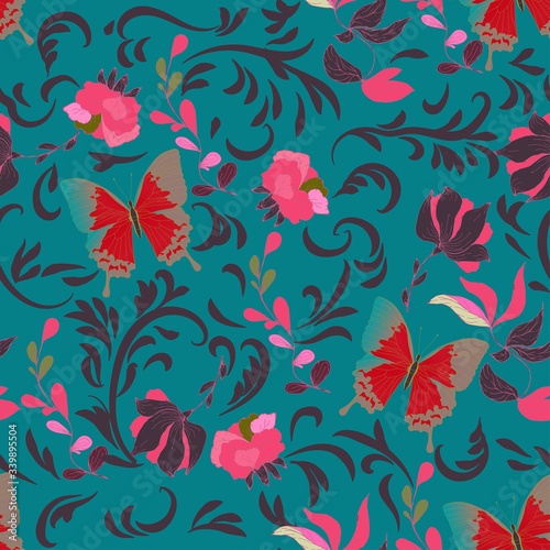 Seamless vector floral pattern of butterflies and inflorescences of flowers in elegant curls on a turquoise, light blue background.